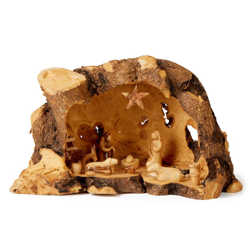 Hand Carved Olive Wood Cave Nativity Scene