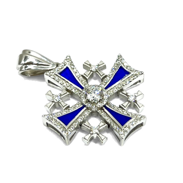 14K White Gold & Diamonds with Blue Enamel Jerusalem Cross Necklace