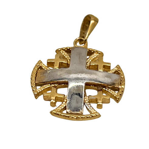 14K Gold Raised Up Round Smooth Jerusalem Cross Necklace
