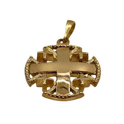 14K Gold Raised Up Round Smooth Jerusalem Cross Necklace