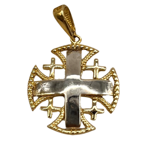 14K Gold Raised Up Round Smooth Jerusalem Cross Necklace