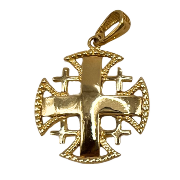 14K Gold Raised Up Round Smooth Jerusalem Cross Necklace