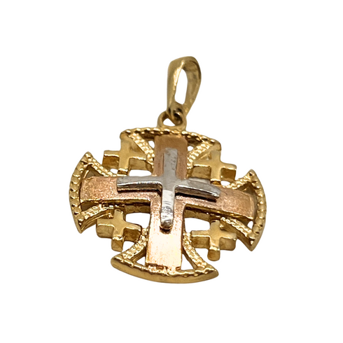 14K Yellow Gold Round domed Jerusalem Cross Necklace