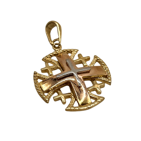 14K Yellow Gold Round domed Jerusalem Cross Necklace