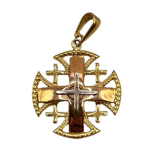 14K Yellow Gold Round domed Jerusalem Cross Necklace