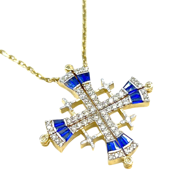 14K Gold Diamond &Baguette Cut Sapphire Jerusalem Cross Opening Magnetic Necklace