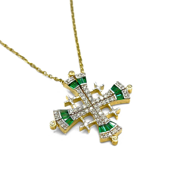 14K Gold Diamond & Baguette Cut Emerald Jerusalem Cross Opening Magnetic Necklace