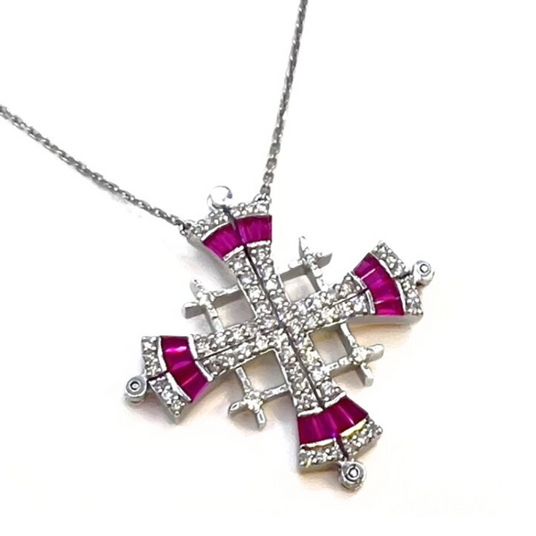 14K white Gold Diamond & Baguette Cut Ruby Jerusalem Cross Opening Magnetic Necklace