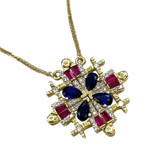14K Gold Diamond With Ruby & Sapphire Jerusalem Cross Opening Magnetic Necklace