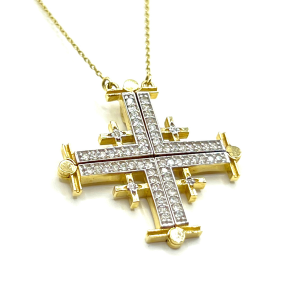 14K Gold & Diamond Classic Jerusalem Cross Opening Magnetic Necklace