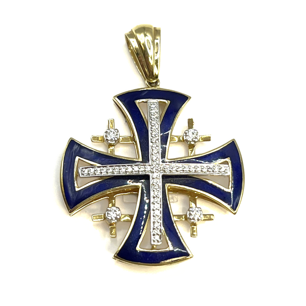 14K Yellow Gold & Diamond Blue Enamel Arched Splayed Jerusalem Cross Necklace