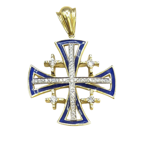 14K Yellow Gold & Diamond Curved Style Jerusalem Cross Necklace