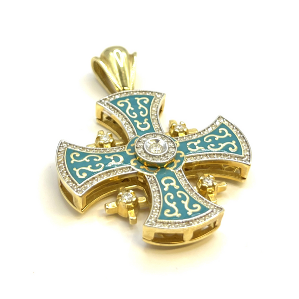 14K Yellow Gold & Green Enamel with Center Stone Diamond Jerusalem Cross Necklace