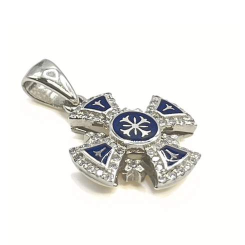 14K Yellow Gold & Diamonds with Blue Enamel Jerusalem Cross Necklace