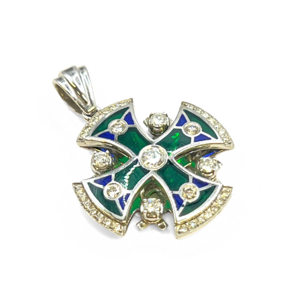 14K Yellow Gold & Diamonds with Green Enamel Jerusalem Cross Necklace