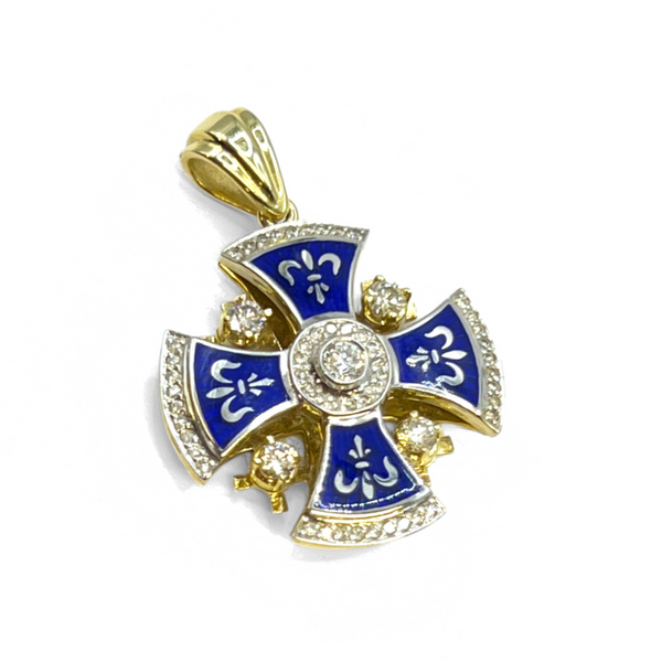 14K Yellow Gold & Diamonds with Blue Enamel Jerusalem Cross Necklace