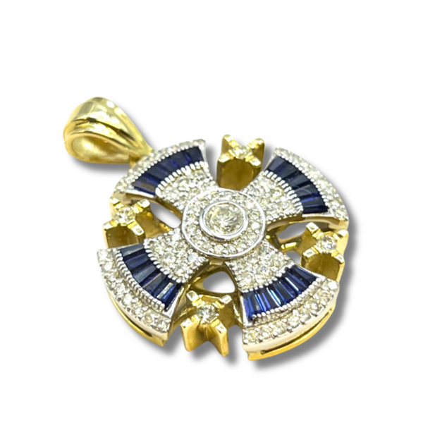 14K Yellow Gold & Diamond With Baguette Cut Sapphire Jerusalem Cross Necklace