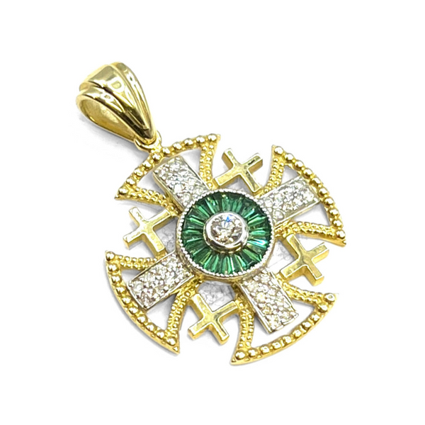 14K Yellow Gold With Diamond & Baguette Cut Emerald Jerusalem Cross Necklace
