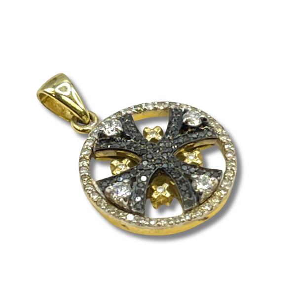 14K Gold & Black Diamond Round Jerusalem Cross Necklace