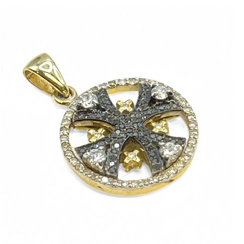 14K Gold & Black Diamond Round Jerusalem Cross Necklace