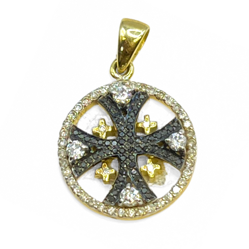 14K Gold & Black Diamond Round Jerusalem Cross Necklace