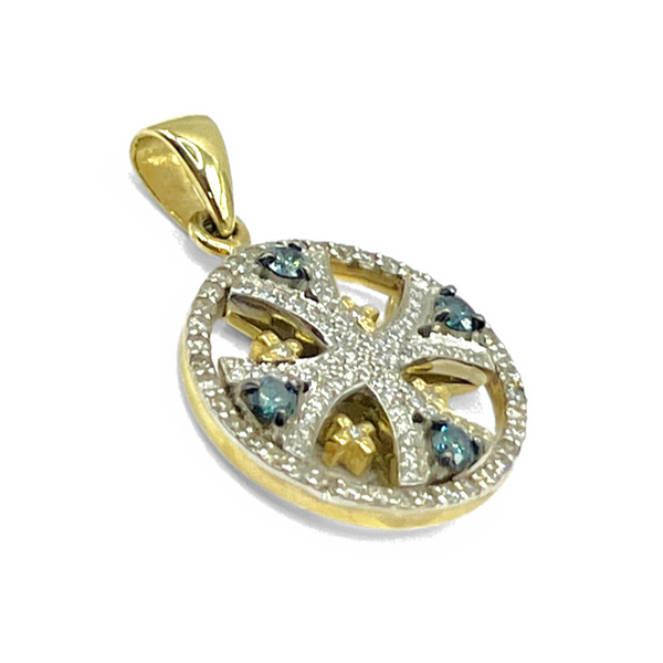 14K Gold & Blue Diamond Round Jerusalem Cross Necklace