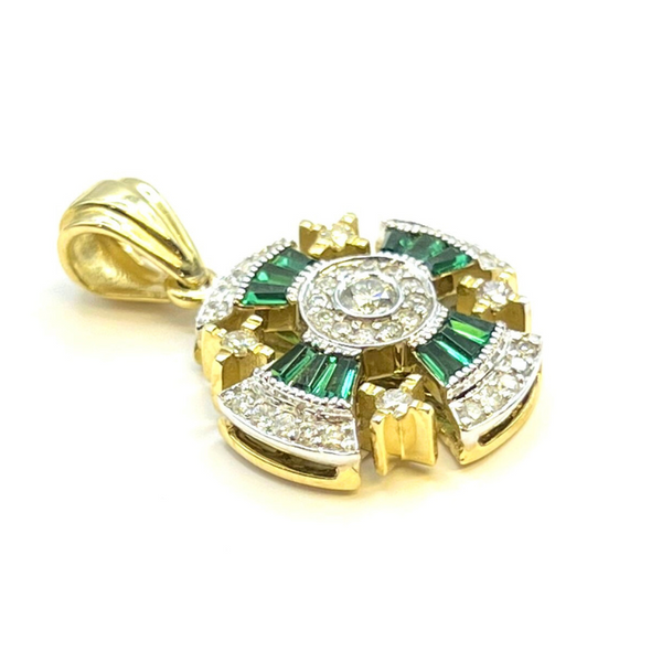 14K Yellow Gold With Diamond & Baguette Emerald Jerusalem Cross Necklace