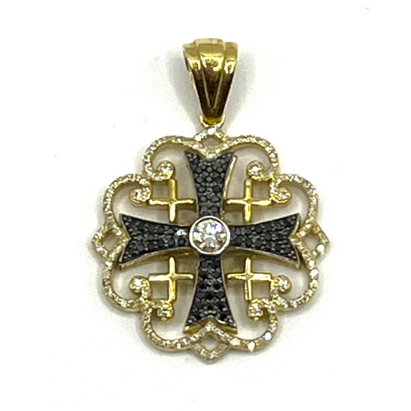 14K Gold & Black Diamond Jerusalem Cross Necklace