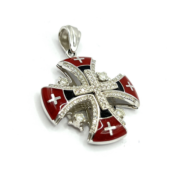 14K Yellow Gold & Diamond With Red Enamel Jerusalem Cross Necklace