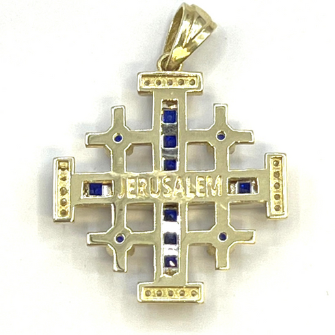 14K White Gold & Diamond With Princes Cut Sapphire Jerusalem Cross Necklace