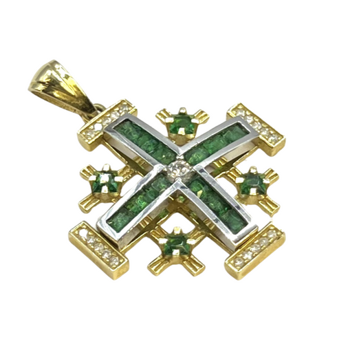 14K White Gold & Diamond With Princes Cut Emerald Jerusalem Cross Necklace