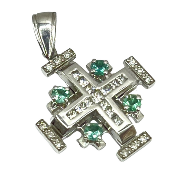 14K White Gold With Princes Cut Diamond & Emerald Jerusalem Cross Necklace
