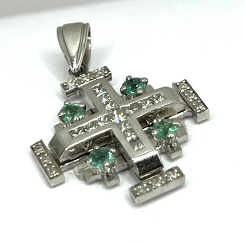 14K White Gold With Princes Cut Diamond & Emerald Jerusalem Cross Necklace