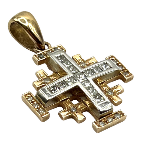 14K Rose Gold With Princes Cut Diamond Jerusalem Cross Necklace