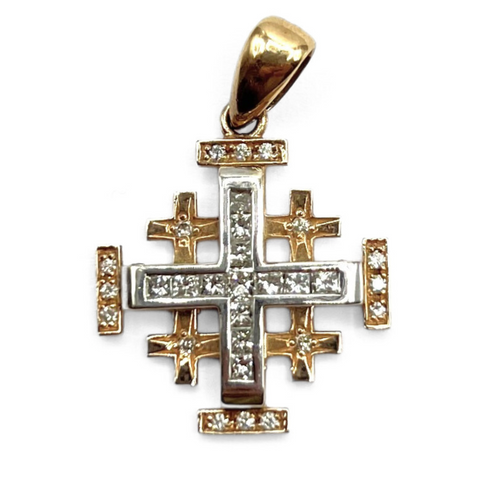 14K Rose Gold With Princes Cut Diamond Jerusalem Cross Necklace