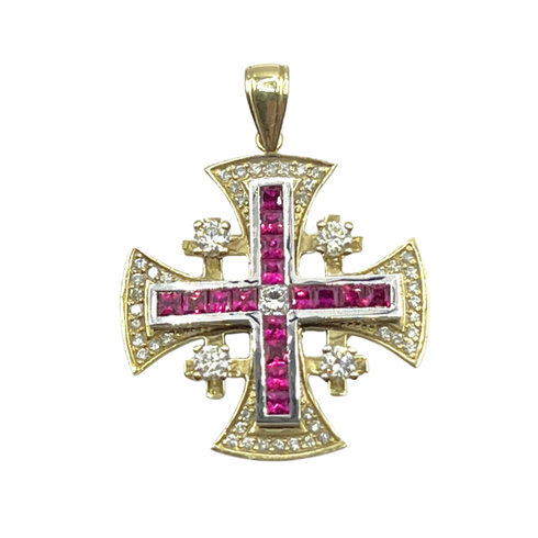 14K Yellow Gold With Diamond & Ruby Jerusalem Cross Necklace