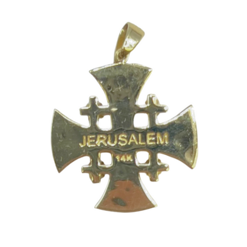 14K Yellow Gold With Diamond & Ruby Jerusalem Cross Necklace