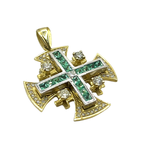 14K Yellow Gold With Diamond & Emerald Jerusalem Cross Necklace