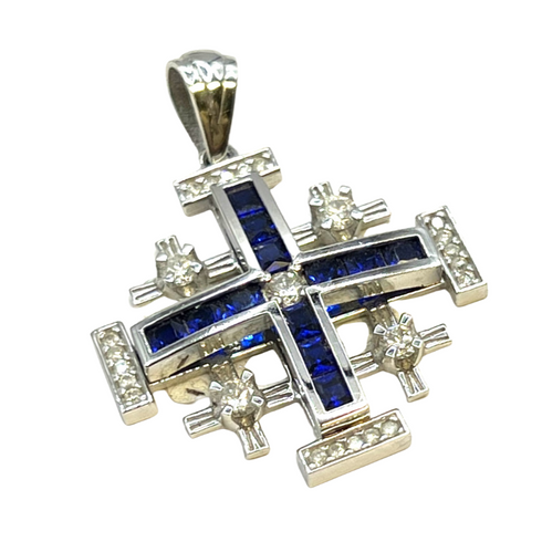 14K White Gold & Diamond With Princes Cut Sapphire Jerusalem Cross Necklace