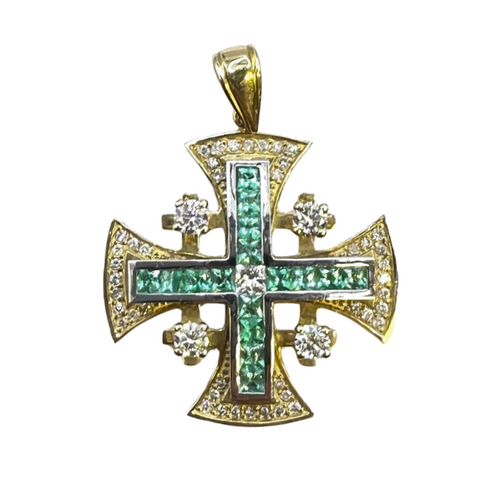 14K Yellow Gold With Diamond & Emerald Jerusalem Cross Necklace
