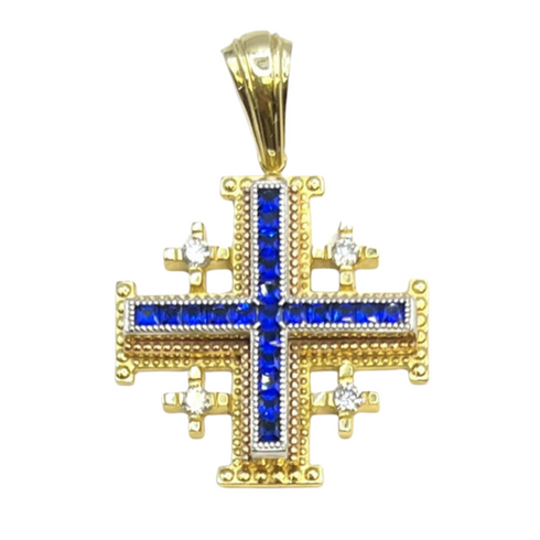 14K Yellow Gold With Diamond & Sapphire Jerusalem Cross Necklace