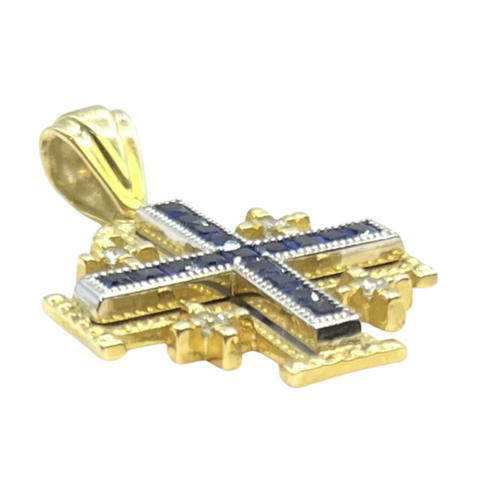 14K Yellow Gold With Diamond & Sapphire Jerusalem Cross Necklace