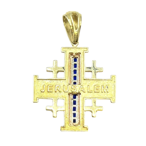 14K Yellow Gold With Diamond & Sapphire Jerusalem Cross Necklace