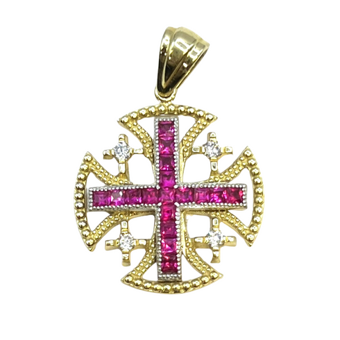 14K Yellow Gold With Diamond & Ruby Jerusalem Cross Necklace