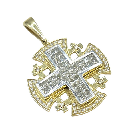 14K Yellow Gold With Invisible Cut Diamond Jerusalem Cross Necklace