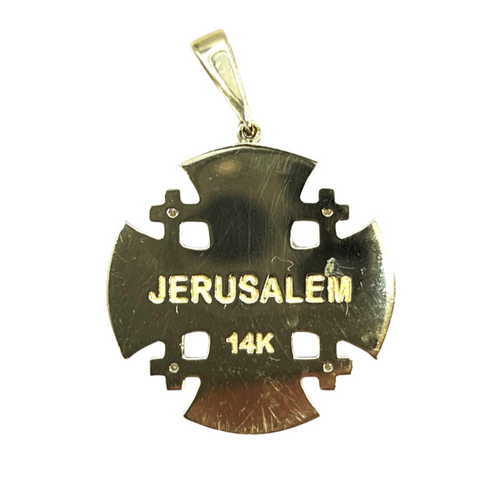 14K Yellow Gold With Invisible Cut Diamond Jerusalem Cross Necklace
