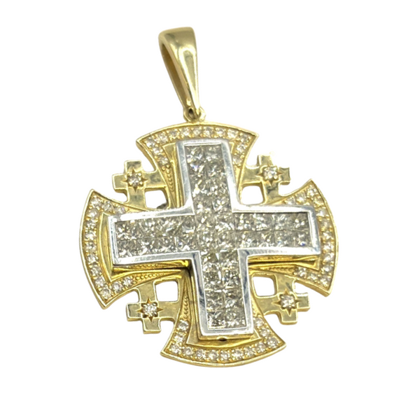 14K Yellow Gold With Invisible Cut Diamond Jerusalem Cross Necklace