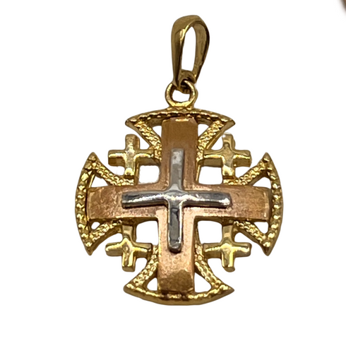 14K Yellow Gold Round domed Jerusalem Cross Necklace