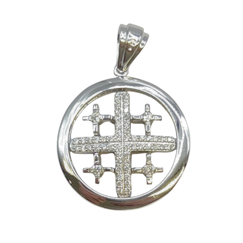 14K Yellow Gold with Blue & White Diamonds Spinning Jerusalem Cross Necklace