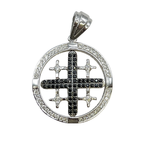 14K Yellow Gold with Blue & White Diamonds Spinning Jerusalem Cross Necklace